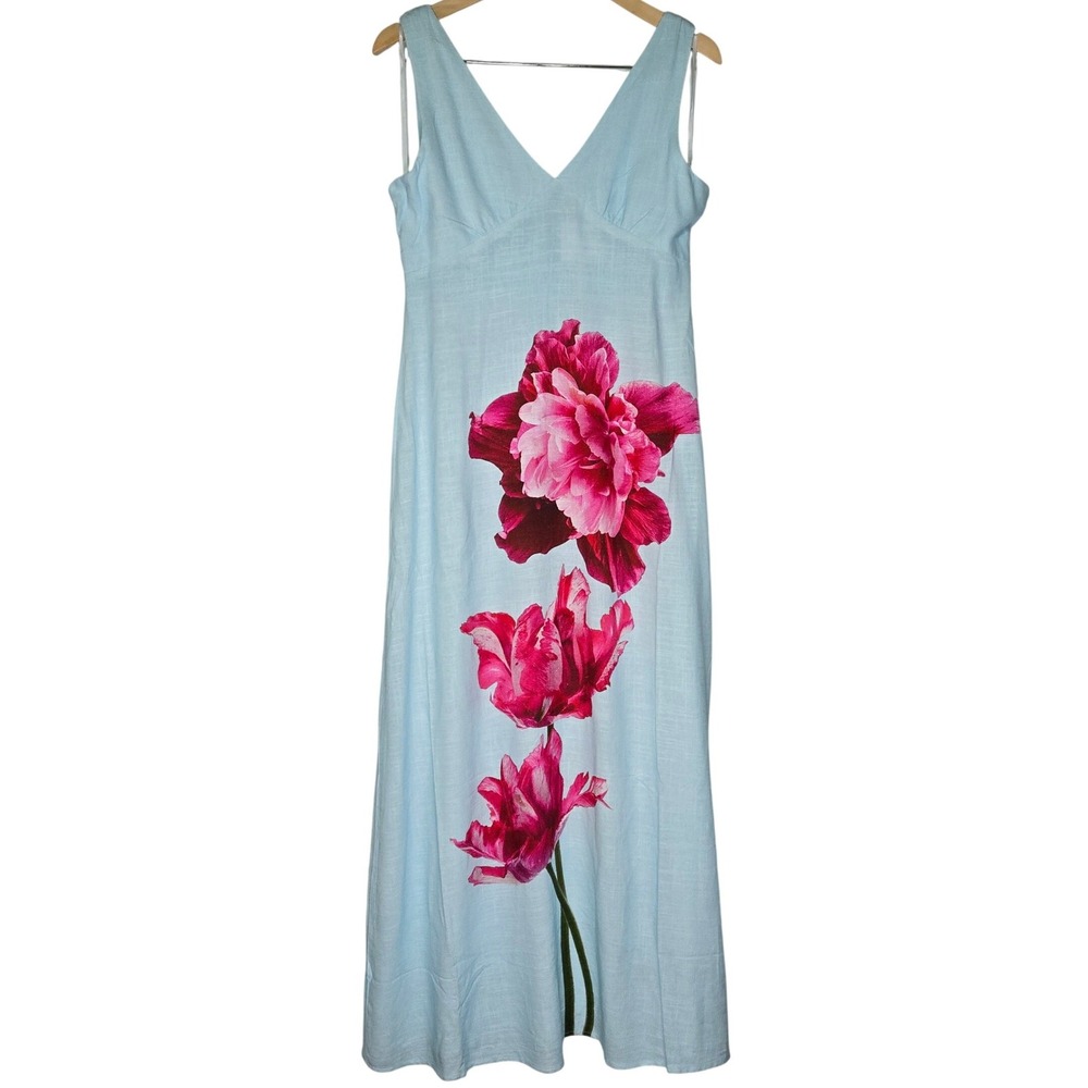 Paper Heart TP25268 Blue Linen Blend Floral Maxi Dress Size M New